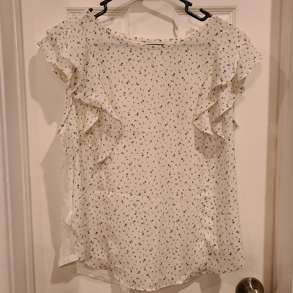 LOFT white Blouse w/blue and black flowers LP